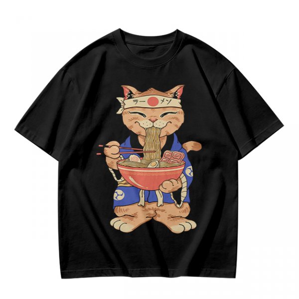 Olive T-Shirt Featuring a Cat in a Headband Eating Ramen