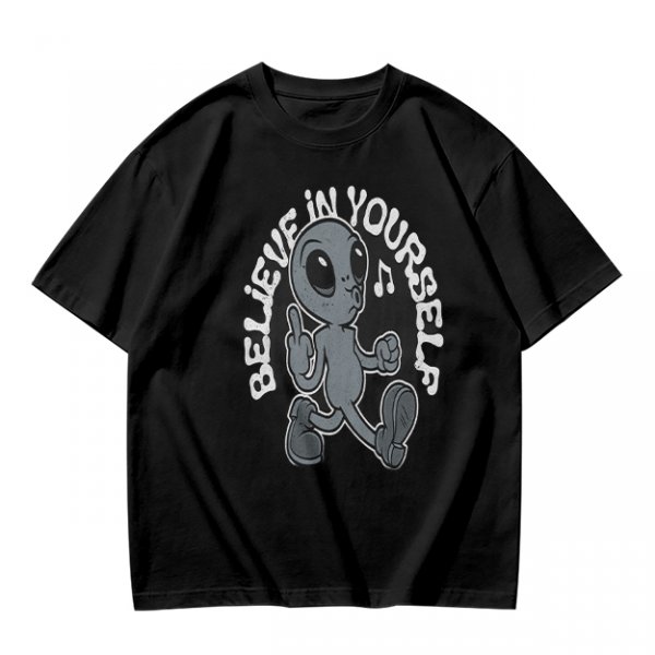 Oversized Olive T-Shirt With Alien 'Believe In Yourself' Graphic