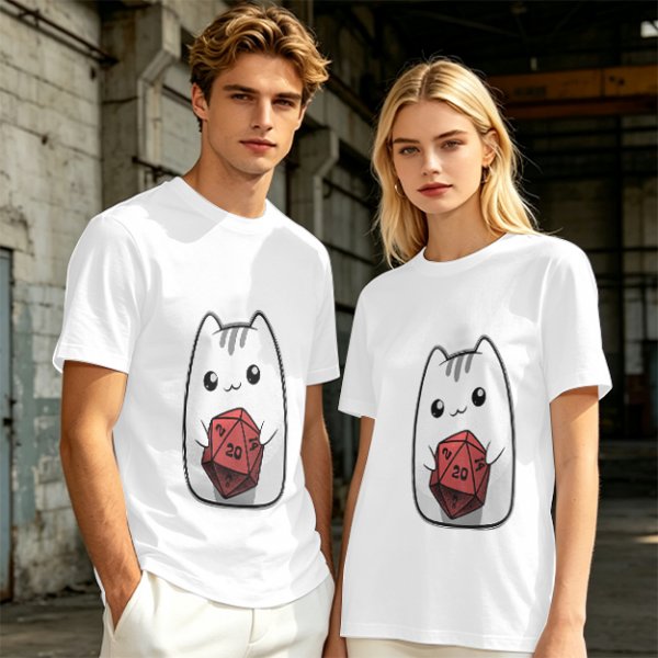 Olive T-Shirt With Cute White Cat Holding D20 Dice Print