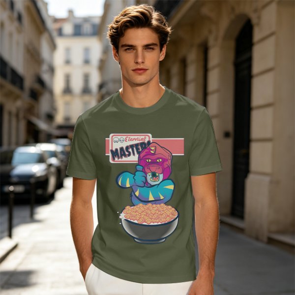 Olive T-Shirt With Cartoon Monster Cereal Bowl Graphic And Eternal Masters Text