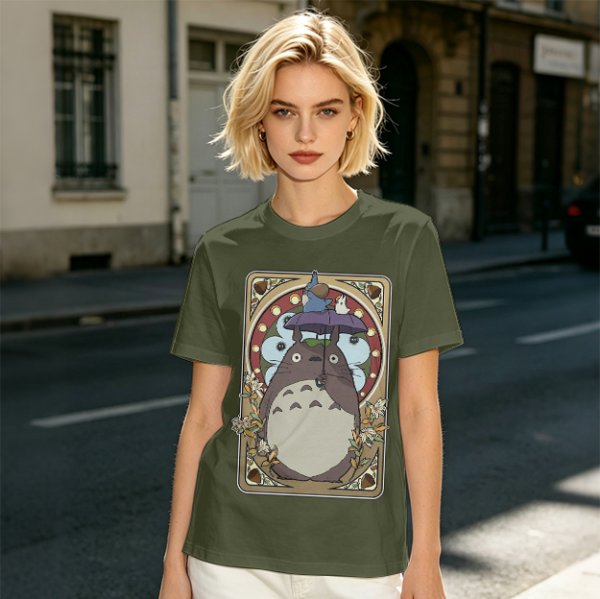Olive Green T-Shirt With My Neighbor Totoro Art Nouveau Print
