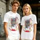 Olive green graphic t-shirt with a cartoon metal cat playing guitar