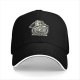 Black baseball cap with stressed skeleton graphic and crisis quote