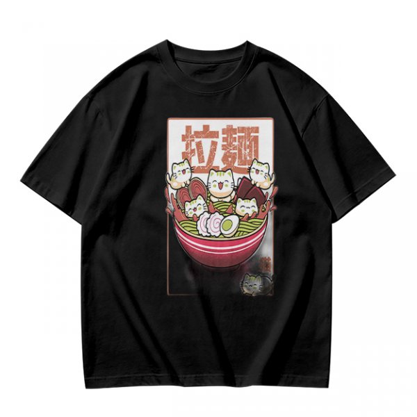 Olive T-Shirt With Cute Ramen Cat Bowl Graphic Print