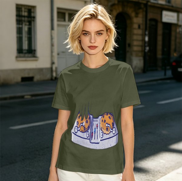 Olive Green T-Shirt With Cookie DJ Mixer Graphic Print