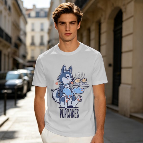 Olive green t-shirt with a husky holding pupcakes graphic