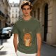 Olive green t-shirt with grumpy fox offering a hug graphic