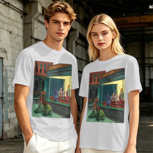 Olive T-Shirt With Surreal Bar Scene Graphic Print