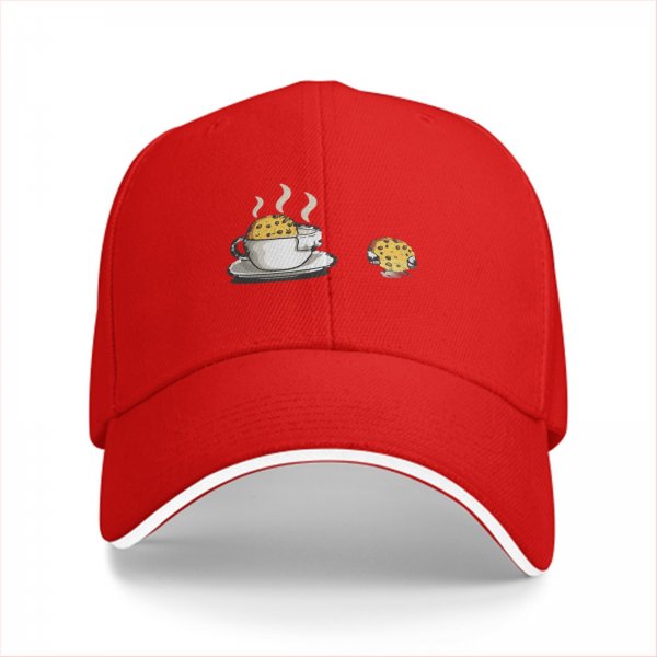 Black Baseball Cap with Coffee and Cookie Graphic Design