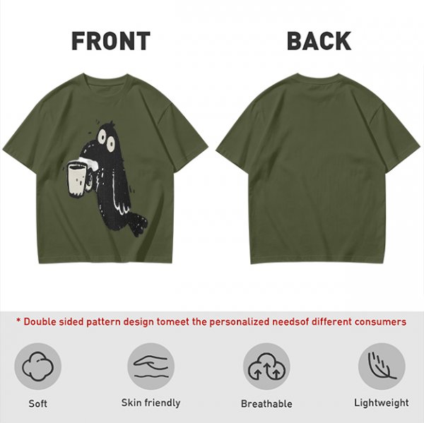 Olive Green T-Shirt With Cartoon Crow Holding Coffee Mug Print