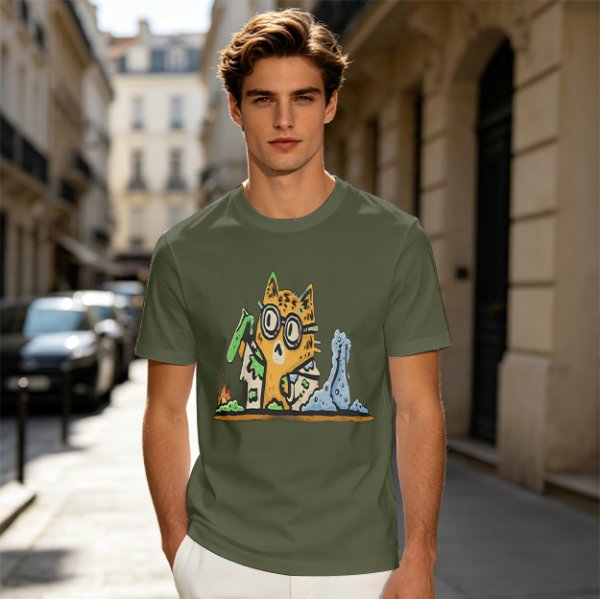 Olive T-Shirt With Mad Scientist Cat Chemistry Lab Print