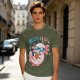 Olive t-shirt with a relaxed axolotl wearing sunglasses holding a drink