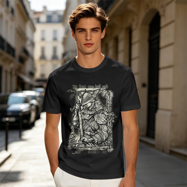 Olive t-shirt with medieval wanderer graphic and gothic text print
