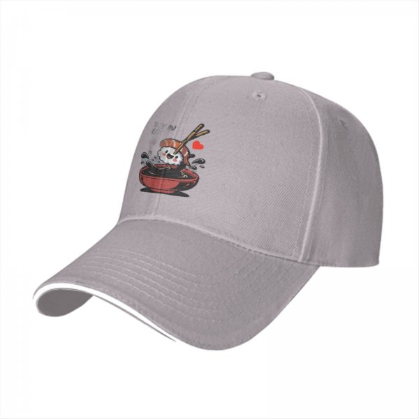 Black Baseball Cap With Cute Sushi In Soy Sauce Bowl Graphic