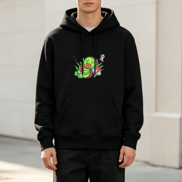 Black hoodie with cute sleeping ninja turtle graphic