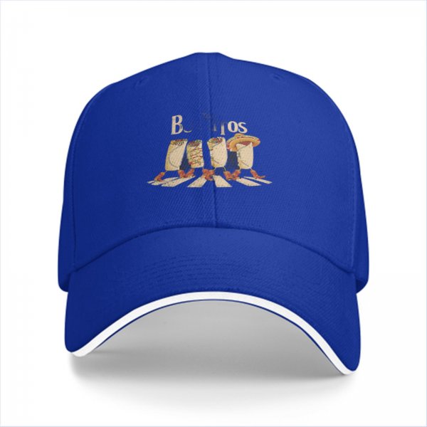 Black baseball cap with burritos crossing Abbey Road graphic