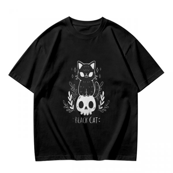 Olive green graphic t-shirt with black cat and skull print