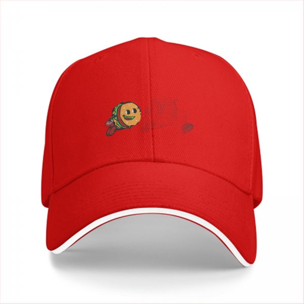 Black baseball cap with a cartoon flying burger graphic