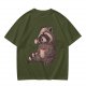 Olive T-Shirt With Raccoon In Santa Hat Holding Mug Print