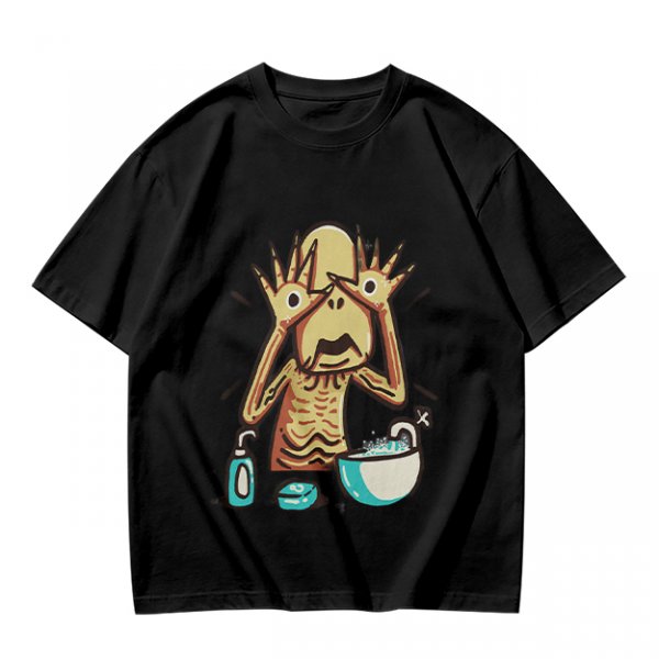 Olive T-shirt with a startled alien washing hands graphic