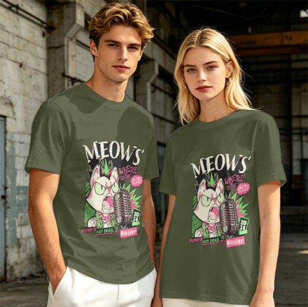 Olive T-Shirt with Punk Rock Cat Singing Microphone Graphic