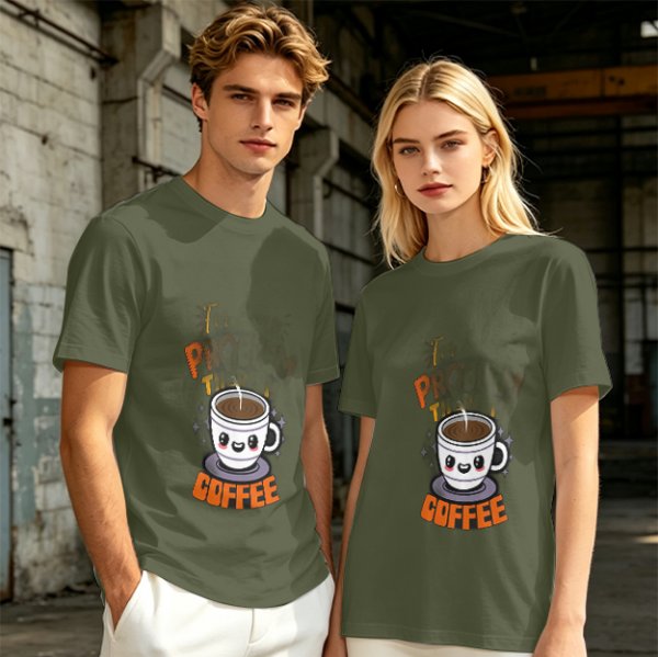 Olive Green T-Shirt With Cute Coffee Cup Graphic and Problem Solution Text