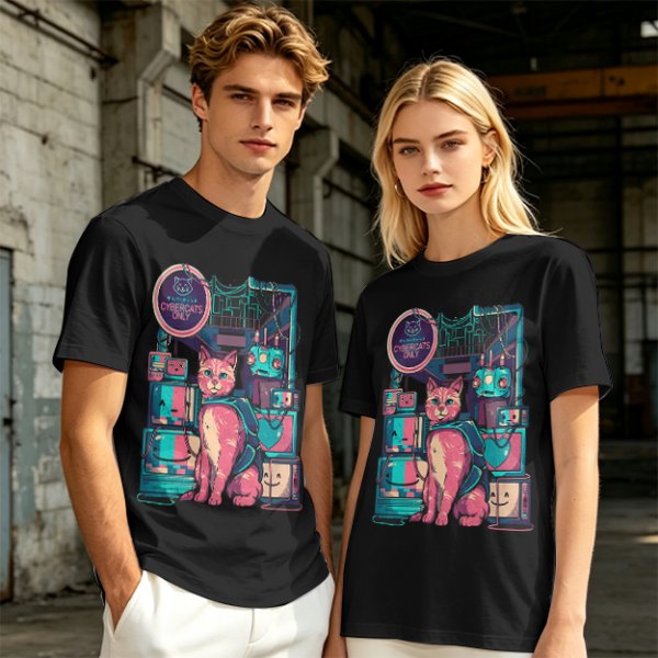 Olive T-Shirt with Cyberpunk Pink Cat and Robotic Tech Print