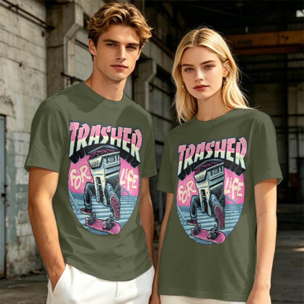 Olive T-Shirt With Trashed Skateboarding Graphic Design