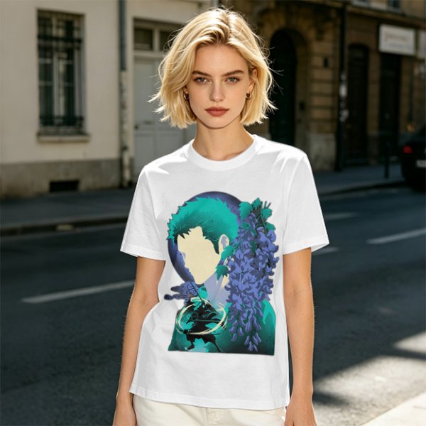 Anime Character Silhouette Wisteria Floral Graphic Olive T-Shirt