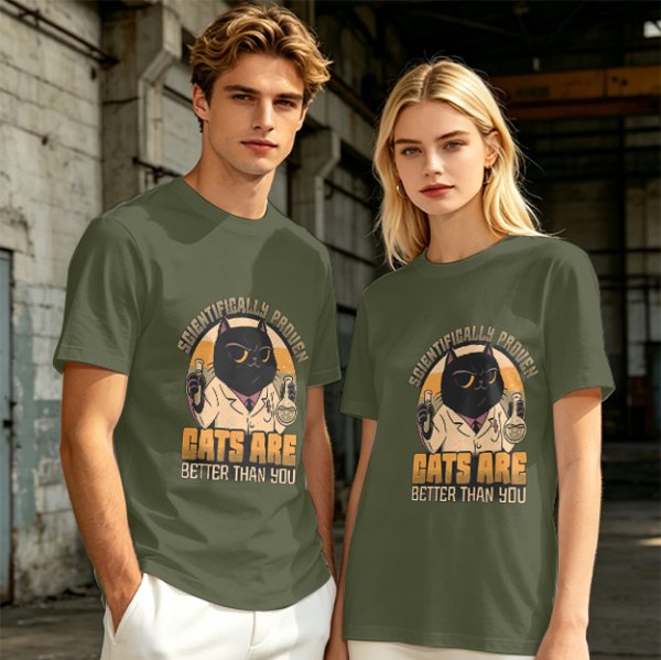 Olive green t-shirt with scientifically proven cats are better than you cat scientist print