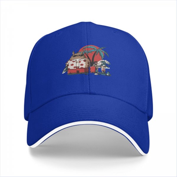 Black Baseball Cap with Tropical Beach Themed Graphic Print