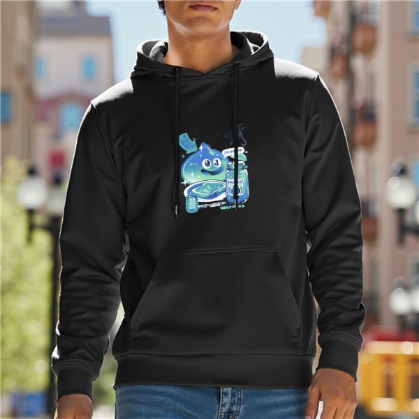 Black hoodie with blue slime and jar graphic print