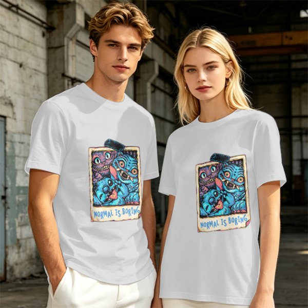 Olive t-shirt with monster polaroid print that says Normal Is Boring