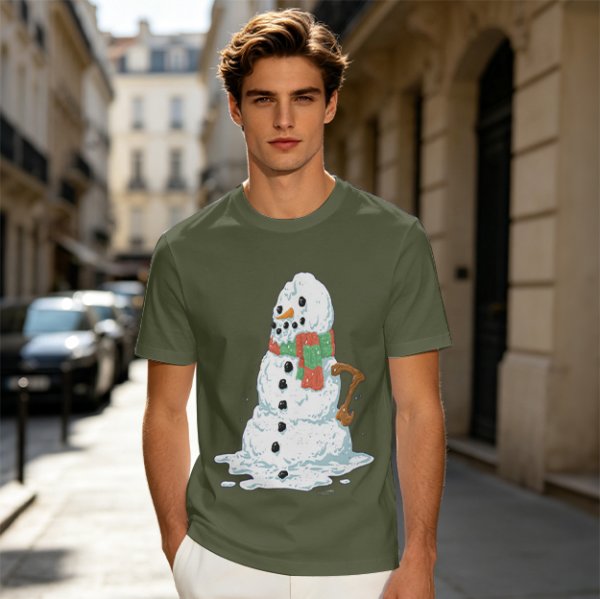 Olive T-Shirt With Melting Snowman Christmas Print