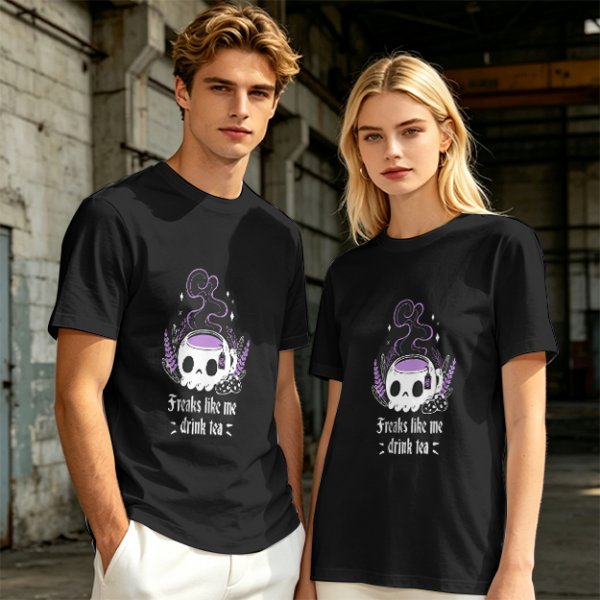 Olive graphic t-shirt with skull tea cup and 'Freaks like me drink tea' text