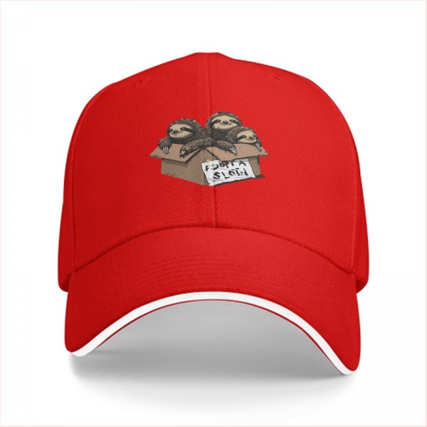 Black baseball cap with three sloths in a box that says adopt a sloth