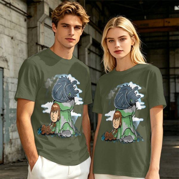 Olive T-Shirt Featuring Hiccup and Toothless from How to Train Your Dragon