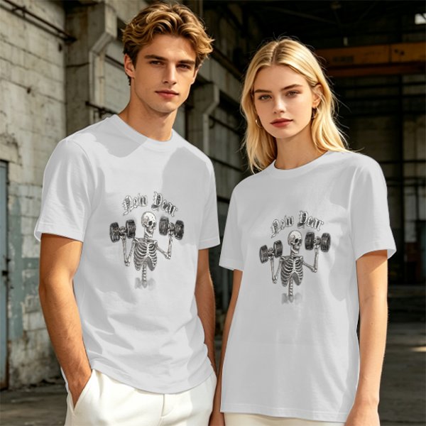 Olive T-Shirt With Skeleton Lifting Weights New Year Print