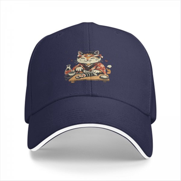 Black Baseball Cap With Cute Sushi Chef Cat Graphic