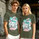 Olive t-shirt with a cartoon apple juice box skeleton graphic