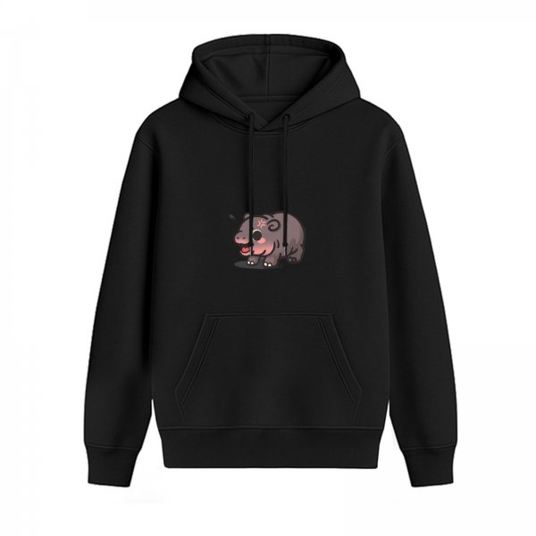 Black hoodie with cute angry cartoon hippo graphic