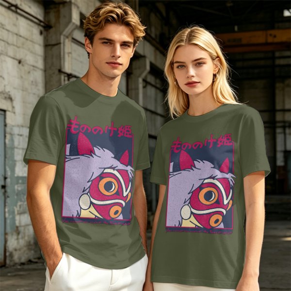 Olive T-shirt with Princess Mononoke Mask Graphic Print