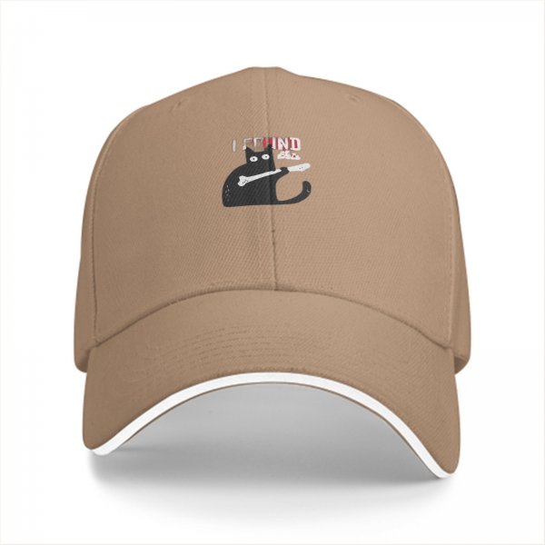 Black baseball cap with a cat holding a bone graphic and text