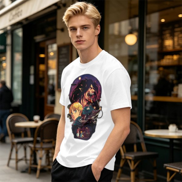 Attack on Titan themed graphic tee with anime character artwork
