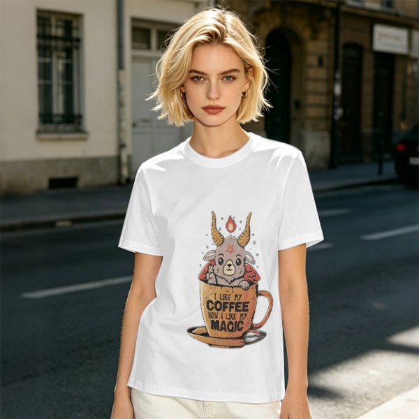 Olive t-shirt with cute Baphomet coffee magic print