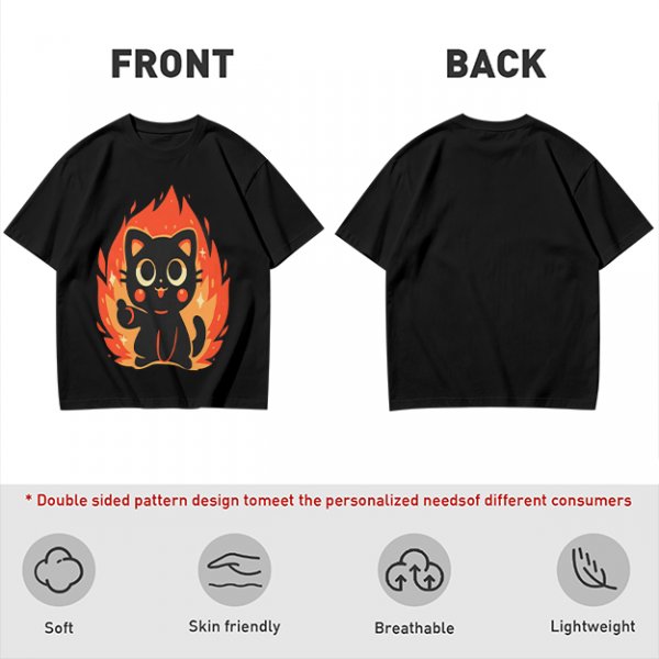 Olive T-Shirt With Cute Black Cat Thumbs Up On Flames Graphic