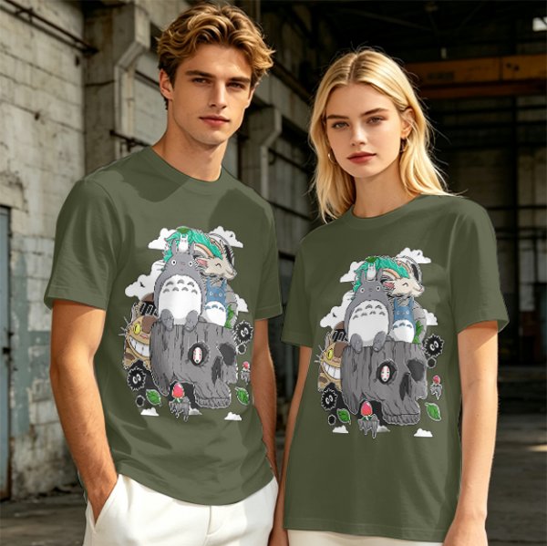 Olive T-shirt with Studio Ghibli Totoro and Spirited Away Characters Print