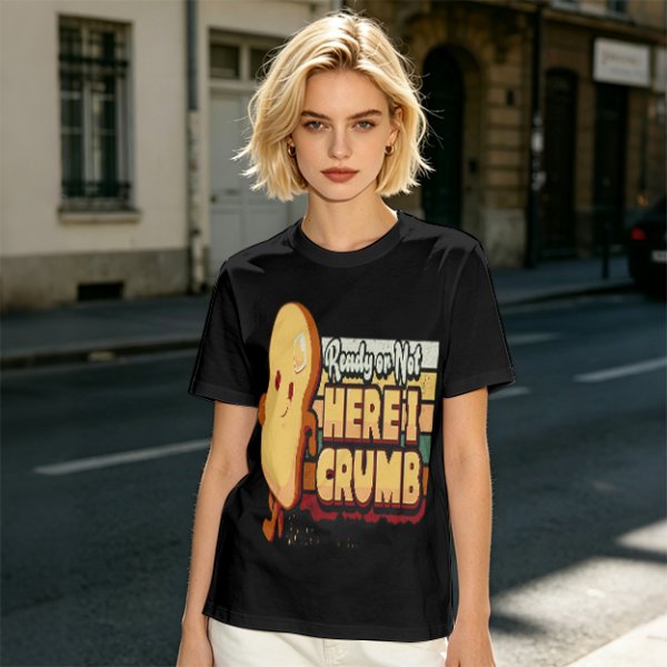 Olive graphic tee with playful bread character and 'Ready or Not Here I Crumb' text