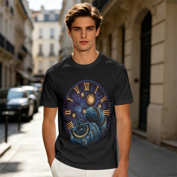 Olive T-Shirt with Cheshire Cat Clock Art Print