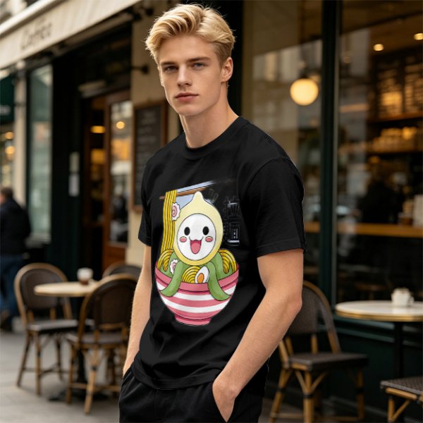 Owl-like character in ramen bowl graphic olive green t-shirt